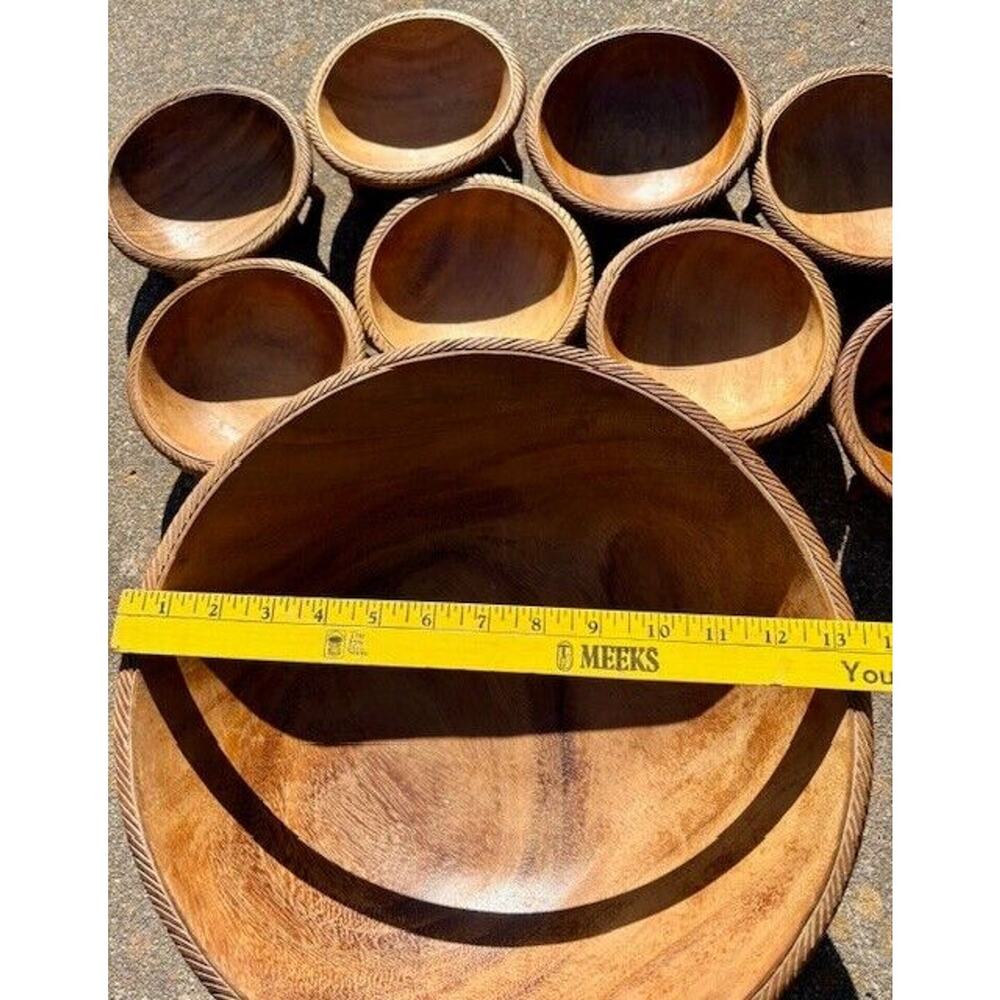 Vintage Monkey Pod Wood Salad Bowl Set Hand Carved Triple Feet Water Buffalo - Picture 3 of 10